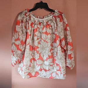 Anne Klein Women's Floral Orange and White Sheer Lined Blouse Gold Accent Size L